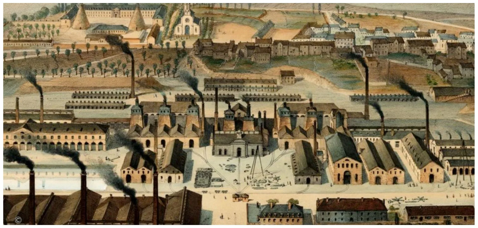 lithographie représentant l'expansion des usines métallurgiques et sidérurgiques du Creusot, commandée par la famille Schneider.