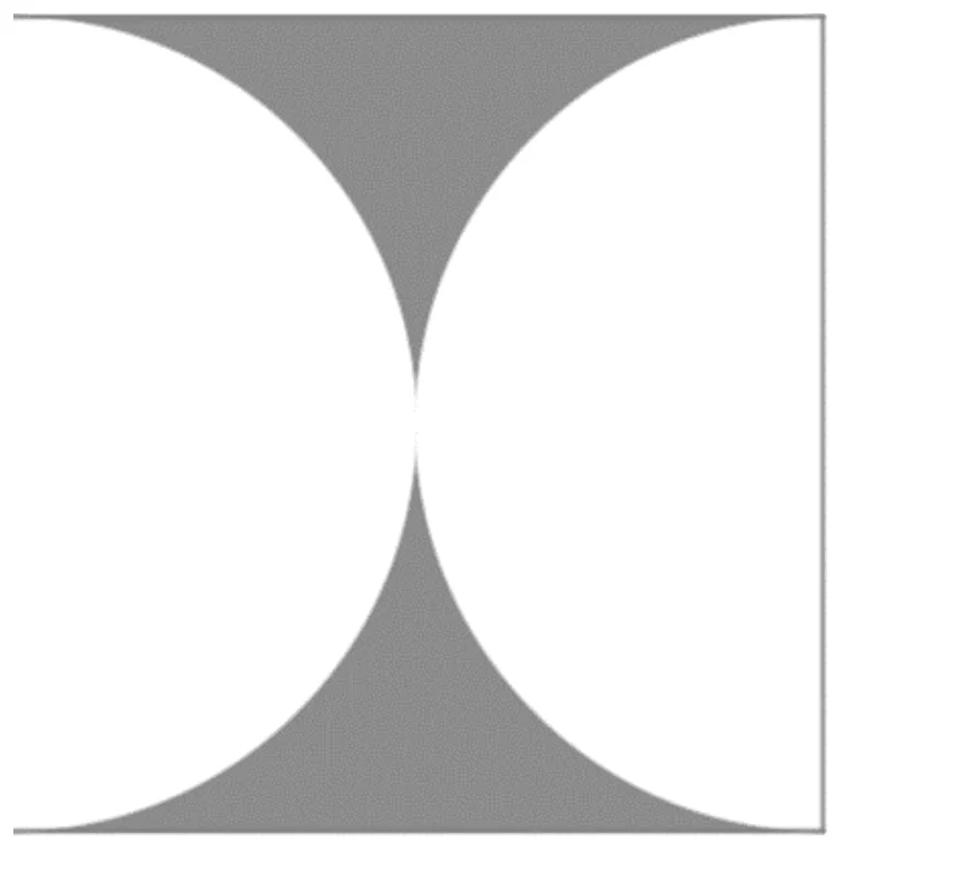 Carré dans lequel deux demi-cercles de diamètre un côté se font face et se touchent au centre ; la zone grisée est le complémentaire des demi-cercles dans le carré.