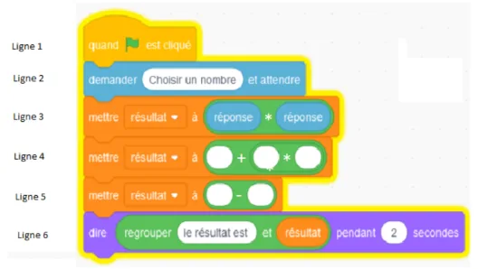 Script Scratch du programme de calcul : variables réponse et resultat, lignes 4 et 5 à compléter.