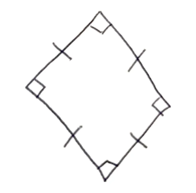 Croquis à main levée d'un quadrilatère : les quatre côtés sont codés de même longueur et les quatre angles sont codés droits. Le dessin ne respecte pas les proportions.