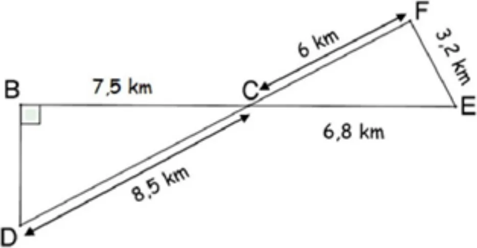 Parcours vélo BCEFCDB : points D, C et F alignés, triangles BCD rectangle en B et CFE rectangle en F.