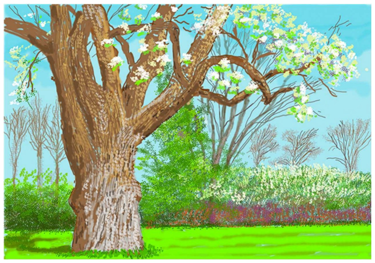 David Hockney (1937- ), *27th March 2020, No. 1*, 2020, peinture sur iPad imprimée sur papier, montée sur 5 panneaux, épreuve d'exposition 2, 364,09 × 521,4 cm, Fondation Louis Vuitton, Paris. Paysage printanier de jonquilles au premier plan et arbres en fleurs.