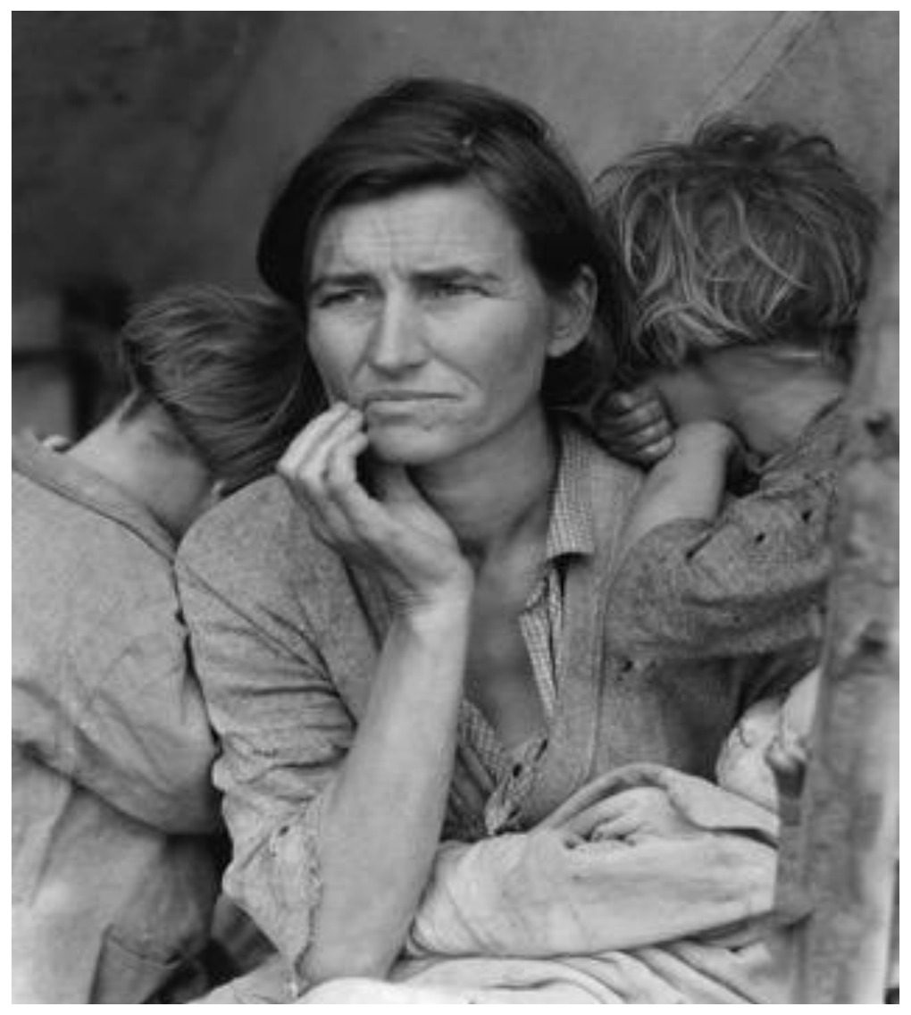 Dorothea LANGE (1895-1965), *Migrant mother, Nipoma, California* (Mère migrante, Nipoma, Californie), 1936, tirage gélatino-argentique, 28,3 × 21,8 cm, Museum of Modern Art, New York. Portrait d'une mère de sept enfants, ramasseurs de pois ruinés en Californie, âgée de 32 ans.