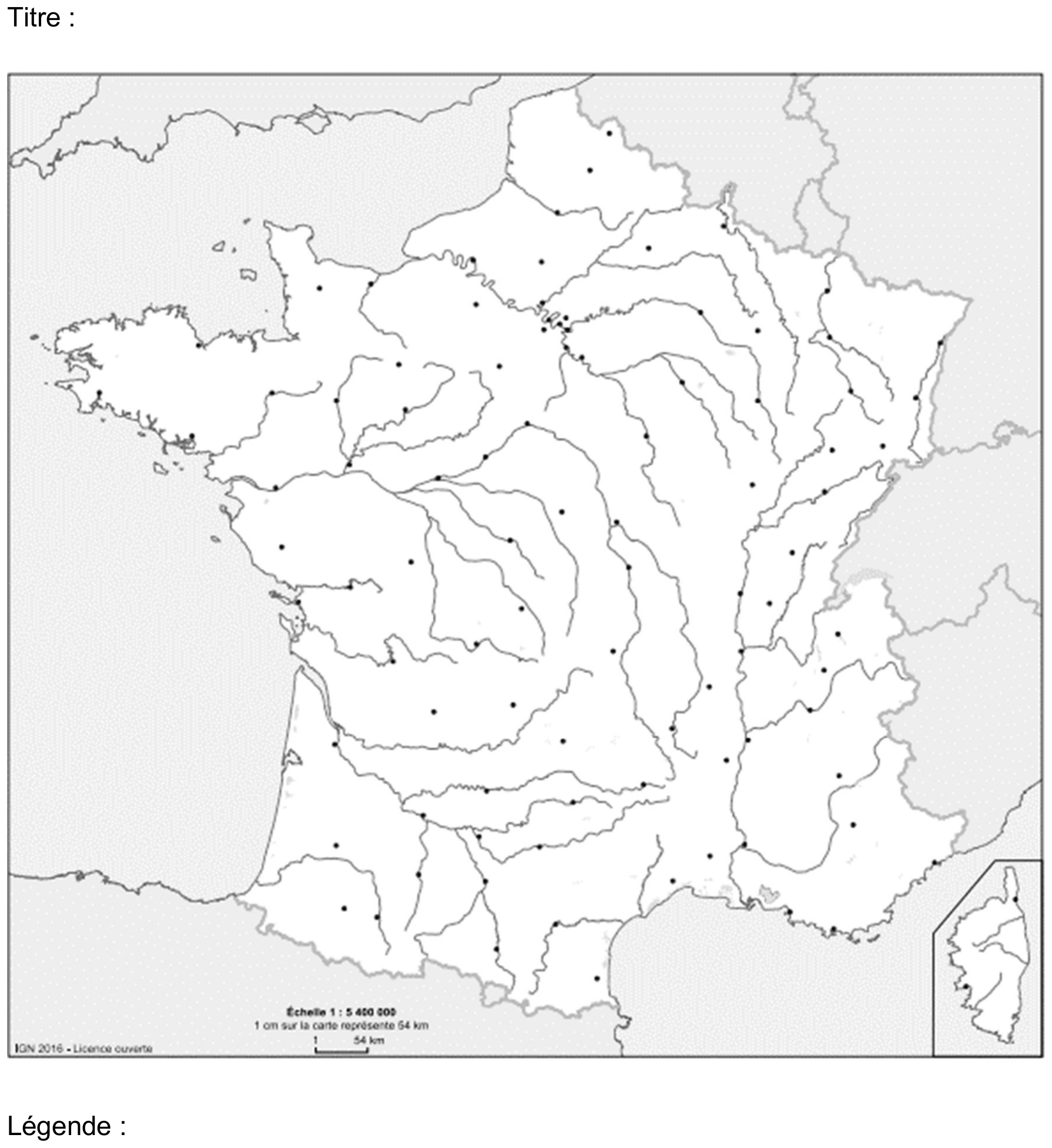fond de carte de la France métropolitaine à compléter (titre et légende à renseigner).
