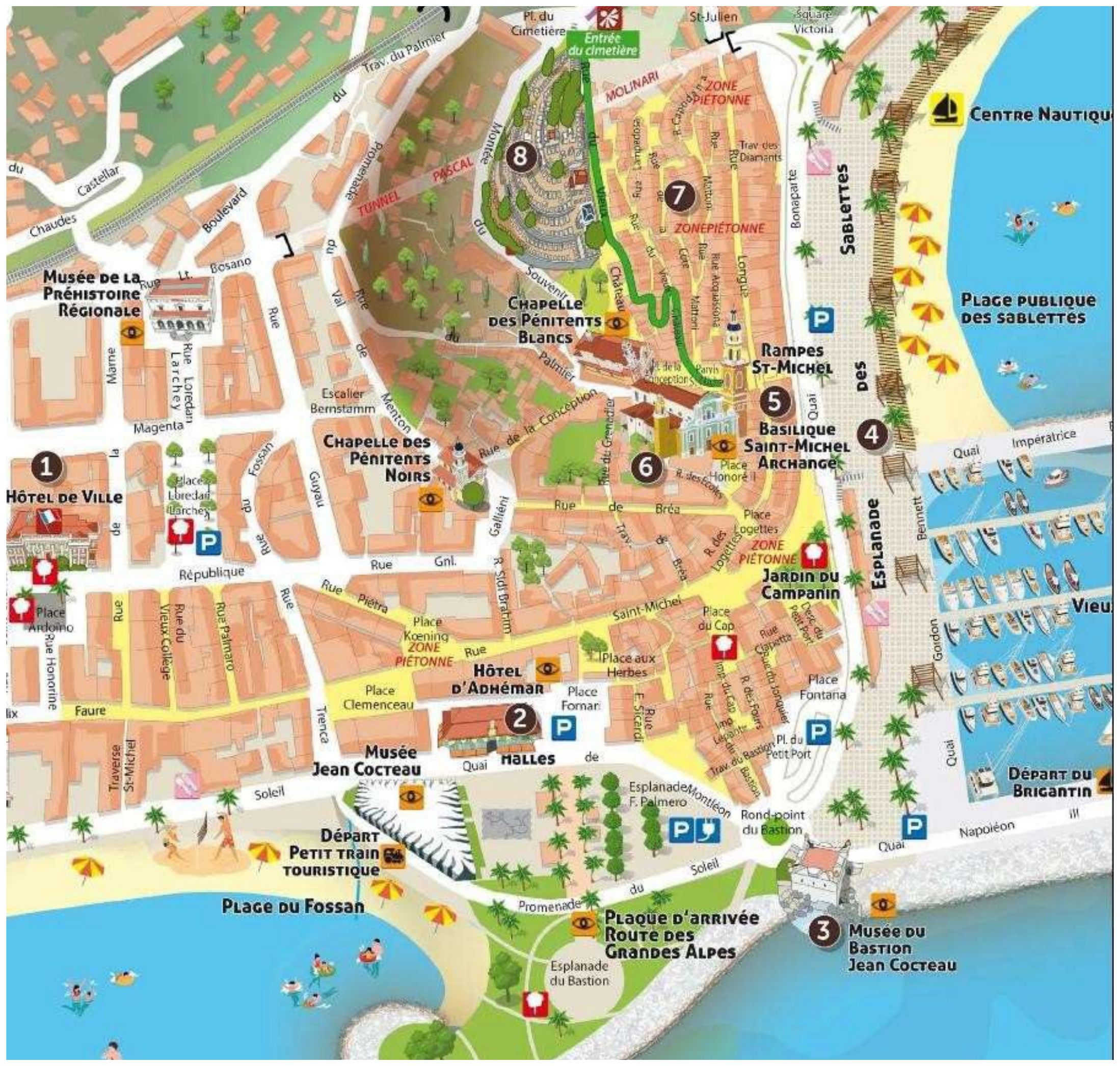 extrait du plan touristique de la ville de Menton — 1 Hôtel de ville, 2 Les Halles, 3 Musée du Bastion–Jean Cocteau, 4 Esplanade des Sablettes, 5 Rampes St Michel, 6 Basilique St Michel Archange, 7 Vieille Ville, 8 Cimetière du château.