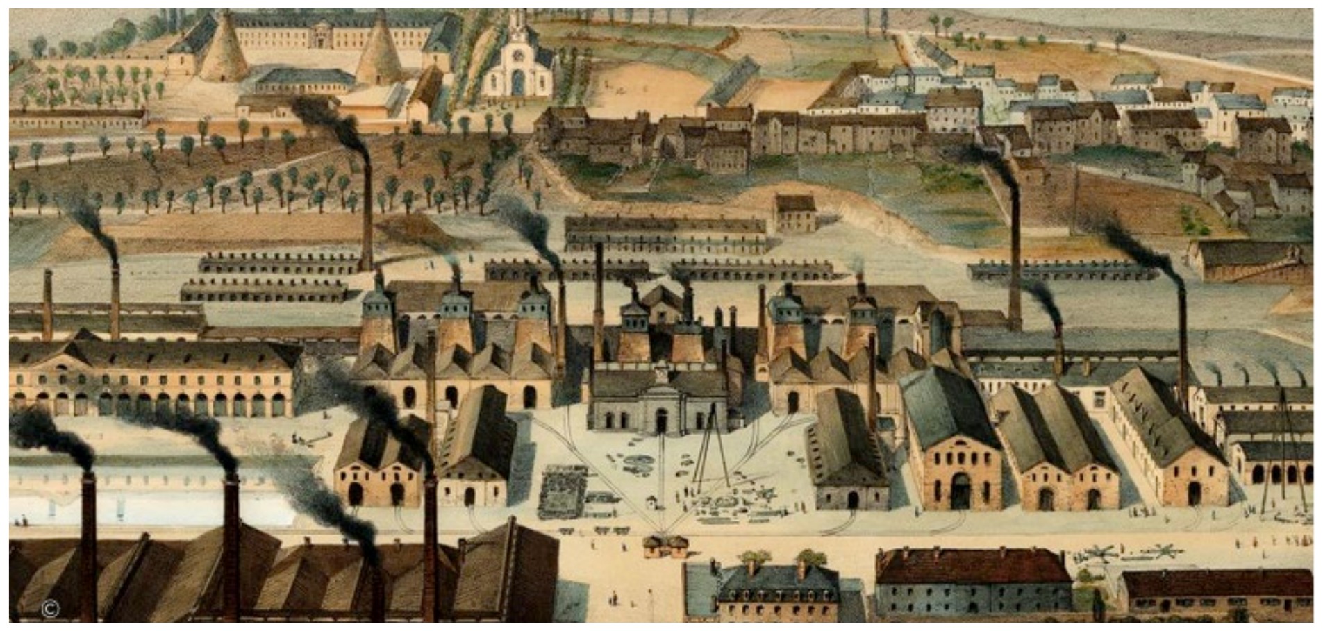 lithographie représentant l'expansion des usines métallurgiques et sidérurgiques du Creusot, commandée par la famille Schneider.
