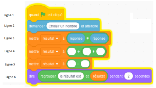 Script Scratch du programme de calcul : variables réponse et resultat, lignes 4 et 5 à compléter.