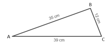 Triangle ABC schématique : AB = 35 cm, BC = 12 cm, AC = 39 cm.