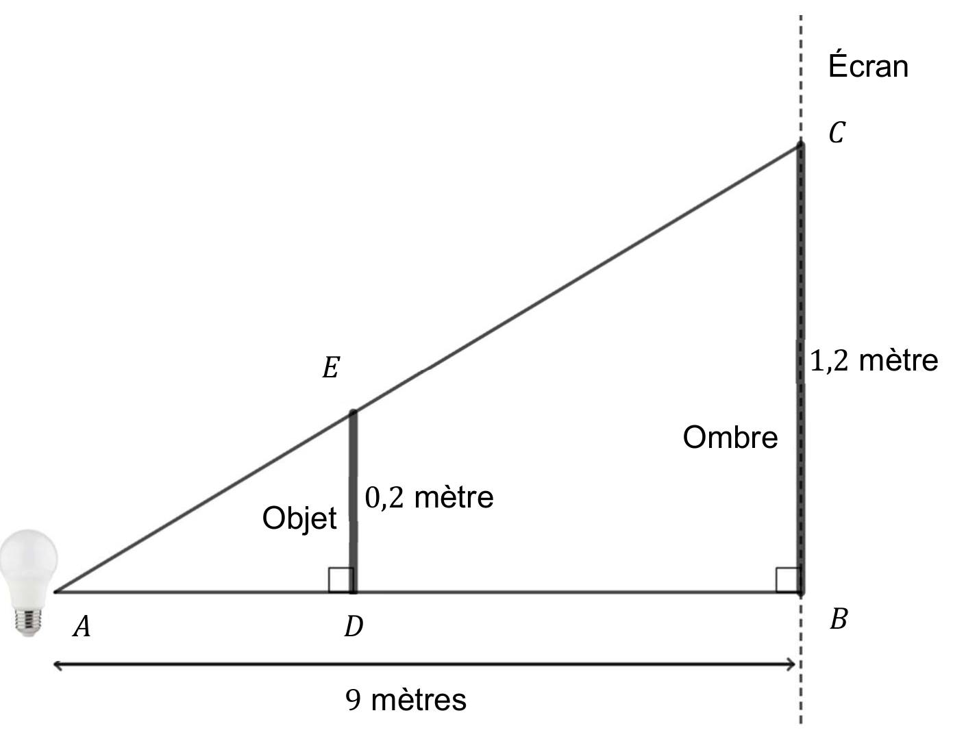Une source lumineuse en A éclaire un objet vertical DE de 0,2 mètre qui projette une ombre BC de 1,2 mètre sur un écran vertical situé à 9 mètres de la source ; angles droits en D et B.