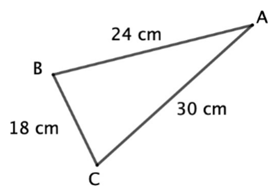 Triangle ABC schématique : AB = 24 cm, BC = 18 cm, AC = 30 cm.