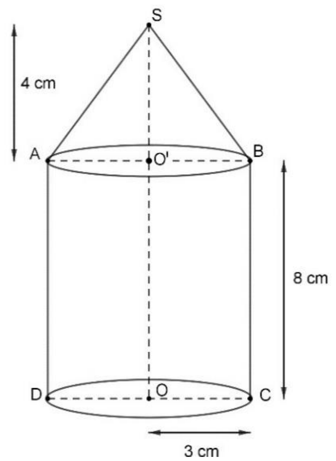 Saupoudreur : cylindre de rayon 3 cm et hauteur 8 cm surmonté d'un cône de hauteur 4 cm.