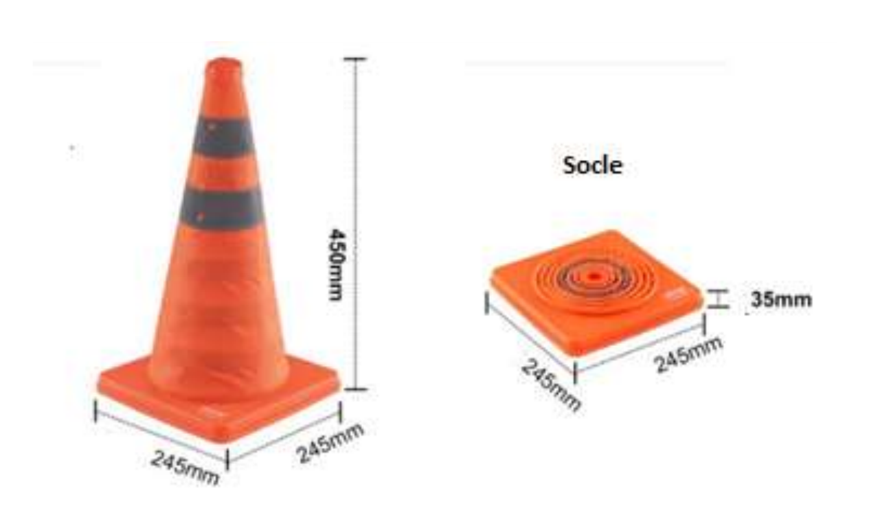 À gauche, photo d'un plot de balisage orange : cône posé sur un socle carré, hauteur totale cotée 450 mm, côtés de la base cotés 245 mm et 245 mm. À droite, vue du socle seul (légendé « Socle ») : base carrée cotée 245 mm par 245 mm, hauteur cotée 35 mm.
