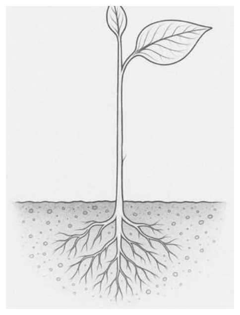 schéma d'une plante dans la terre (racines, tige, feuilles).